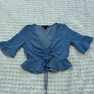Tie Front Blue Polka Dot Crop Top with Frill Quarter Sleeves